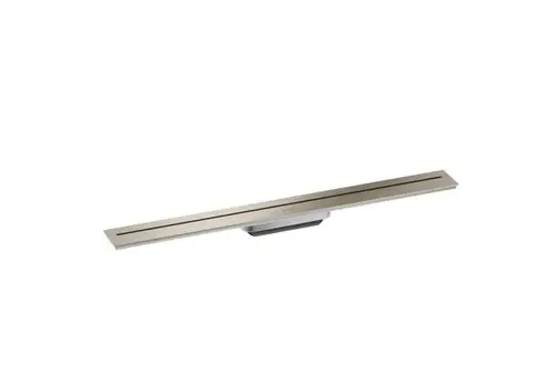 Duschrinne aus Edelstahl mit gebürsteter Nickel-Oberfläche, konzipiert für Wandmontage, präsentiert von AXOR. Schlichte, lineare Form für die moderne Badausstattung.